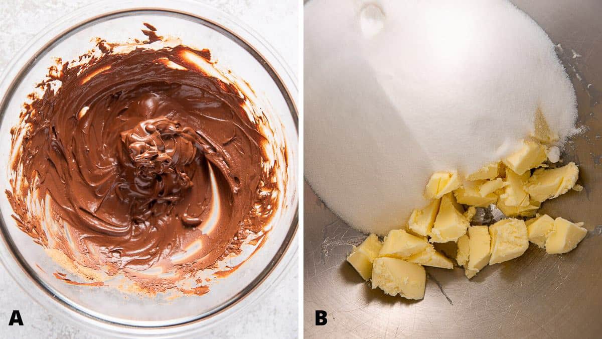 Cocoa and water mixed on the left and butter and sugar in a mixing bowl on the right