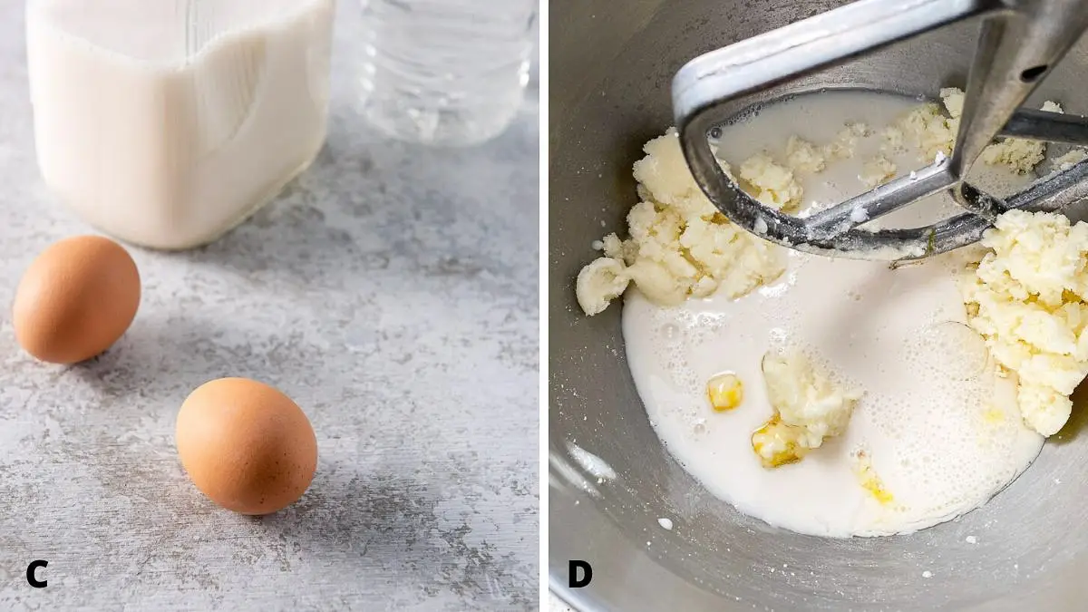 eggs, milk and vinegar on the left and soured milk in the mixer with the butter and sugar on the right