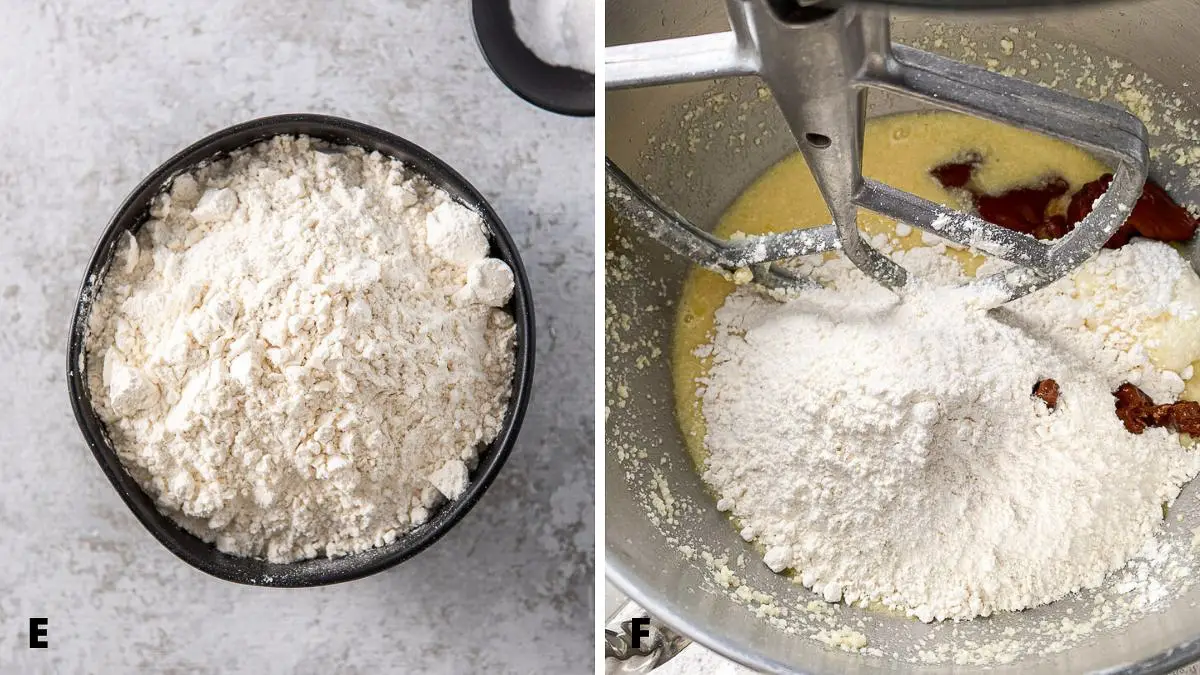 Flour on the left and dry ingredients in the mixer on the right