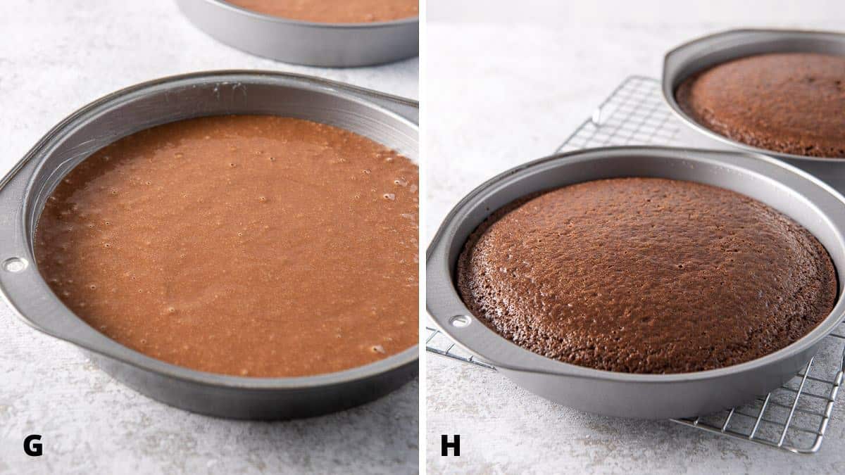 Batter in the pan on the left and on the right the cake cooked in the cake pans