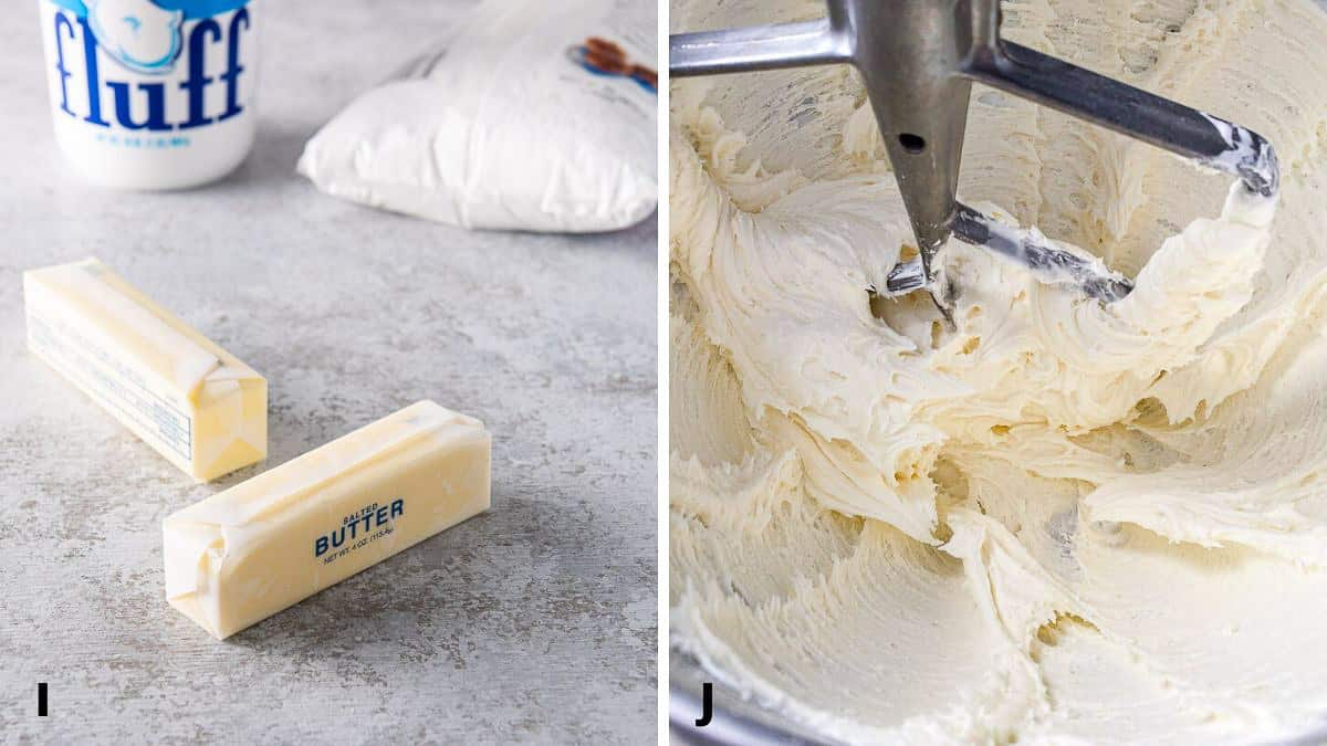 Ingredients for the fluff frosting on the left and the mixed frosting on the right