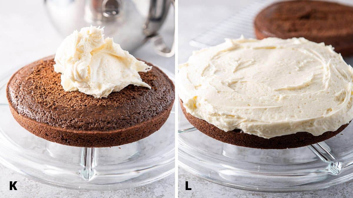 A pile of frosting on the cake round on the left and spread out on the right