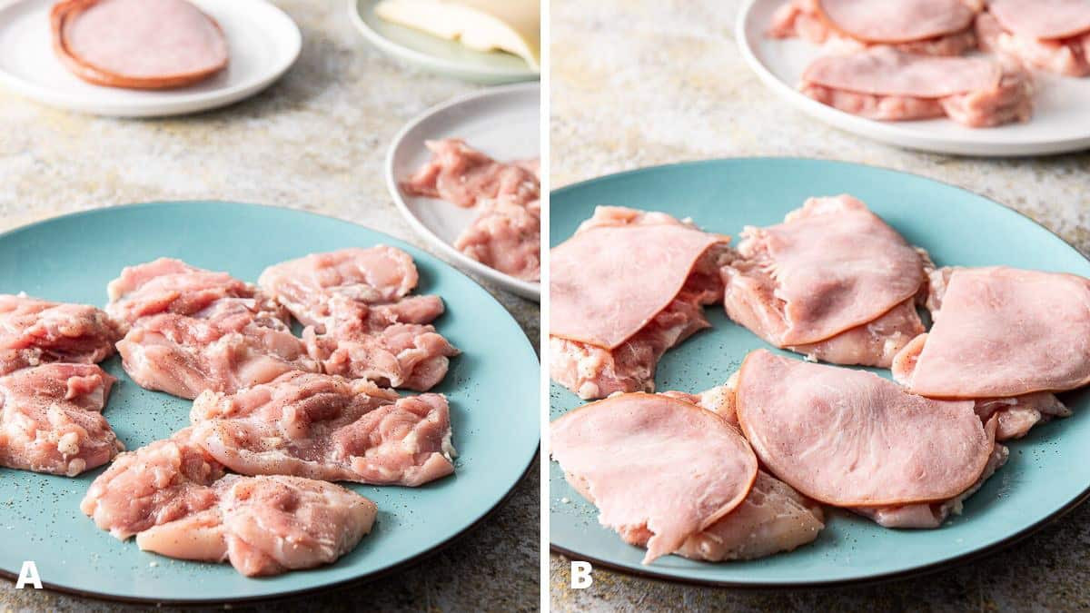 Chicken and ham together on the blue plate