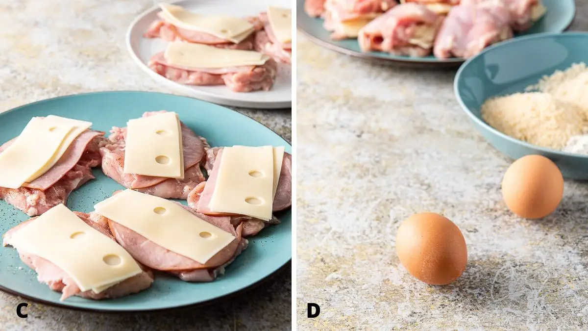 Swiss cheese on the ham and the eggs and breadcrumbs