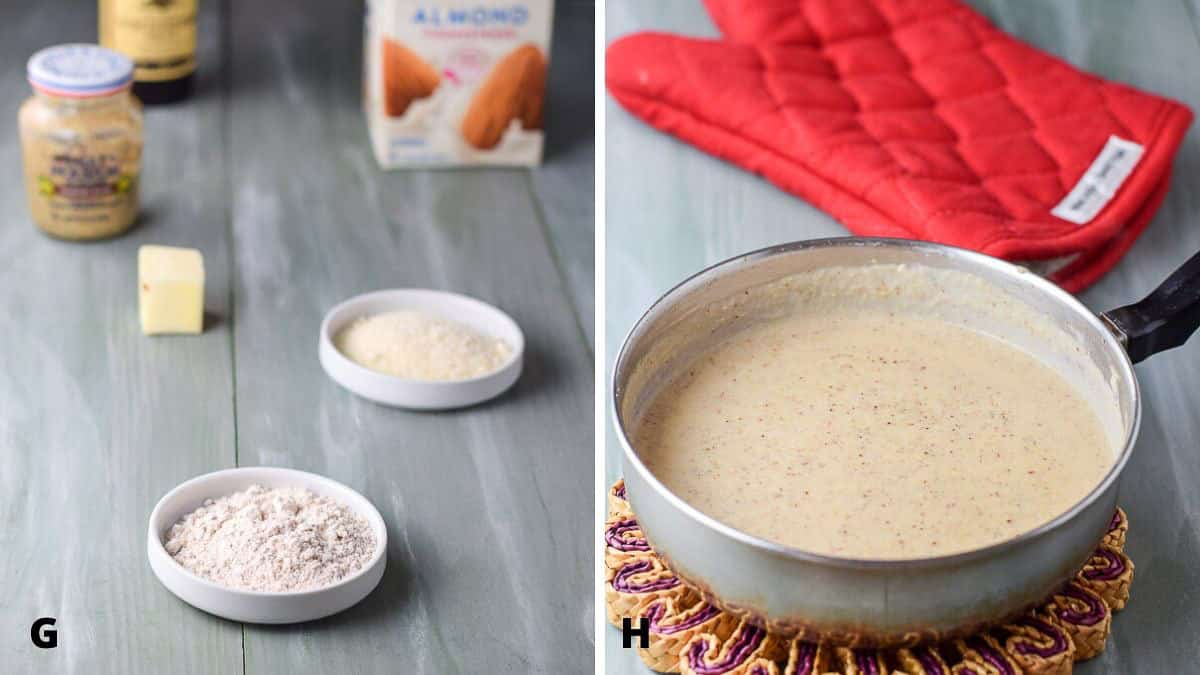 Ingredients for the mustard sauce and then cooked sauce for the cordon bleu