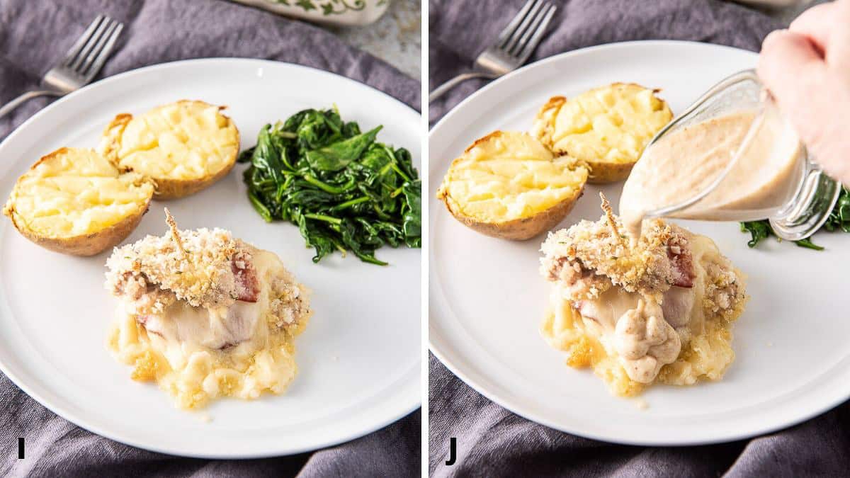 Cordon bleu on a plate with the pouring of mustard sauce