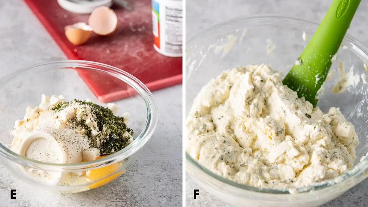 Ricotta and mixtures in a bowl for the baked manicotti