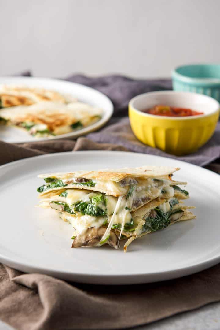 Vertical closeup of the mushroom and spinach quesadillas