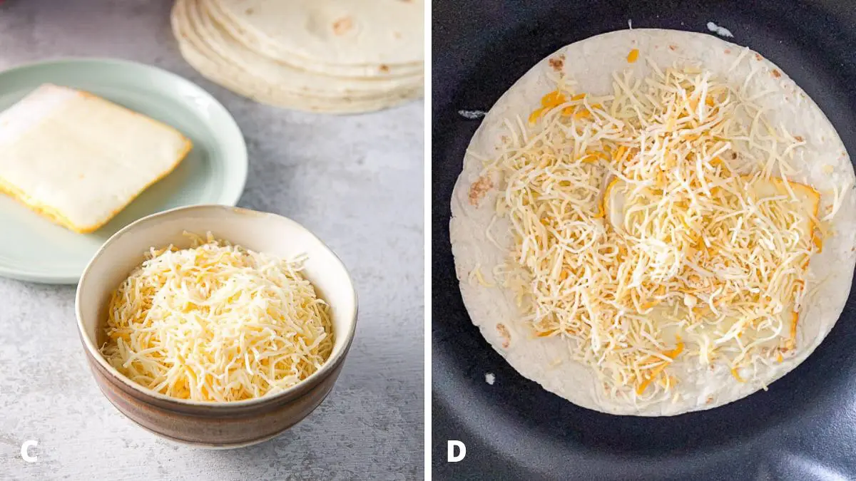 Cheese and tortillas together in the pan