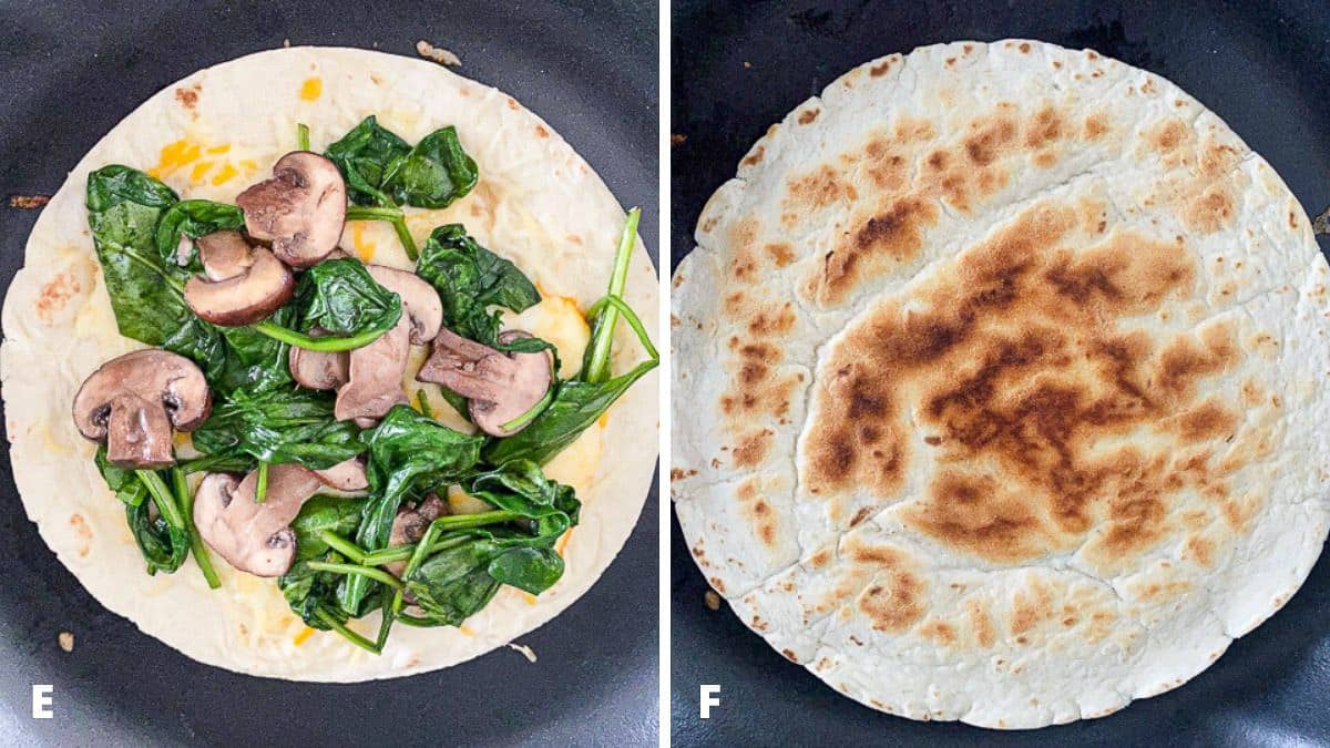 Tortilla with the cheese, veggie and other tortilla on top in the pan