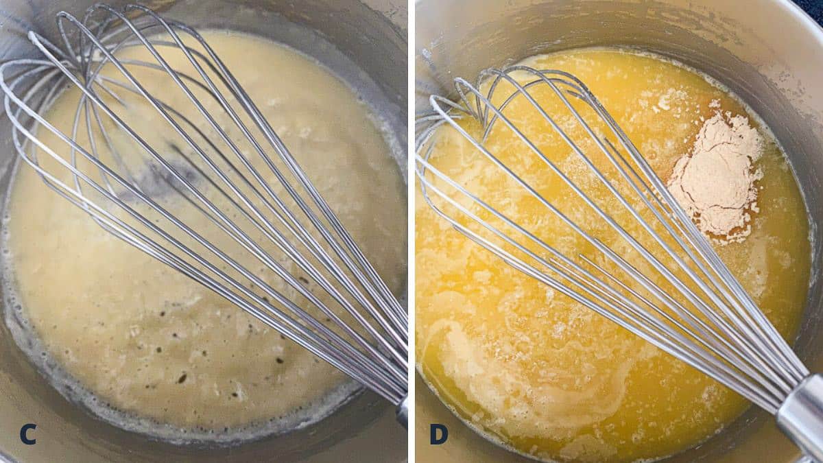 Thickened roux and broth added with garlic powder