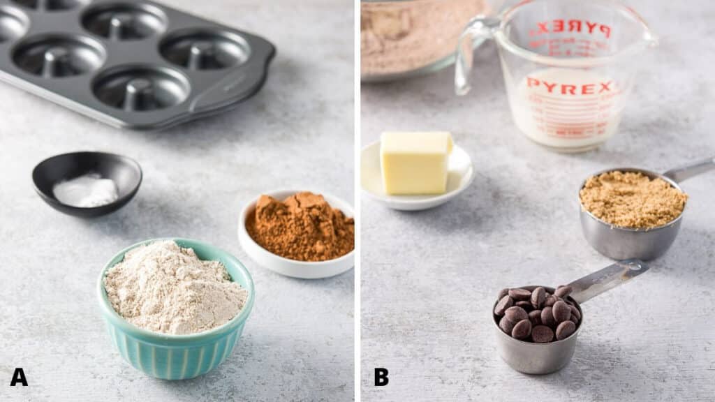 dry and wet ingredients for the baked chocolate donuts