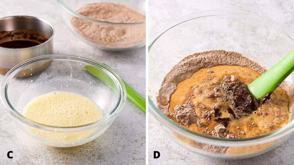 All the ingredients in the bowl for the baked chocolate donuts