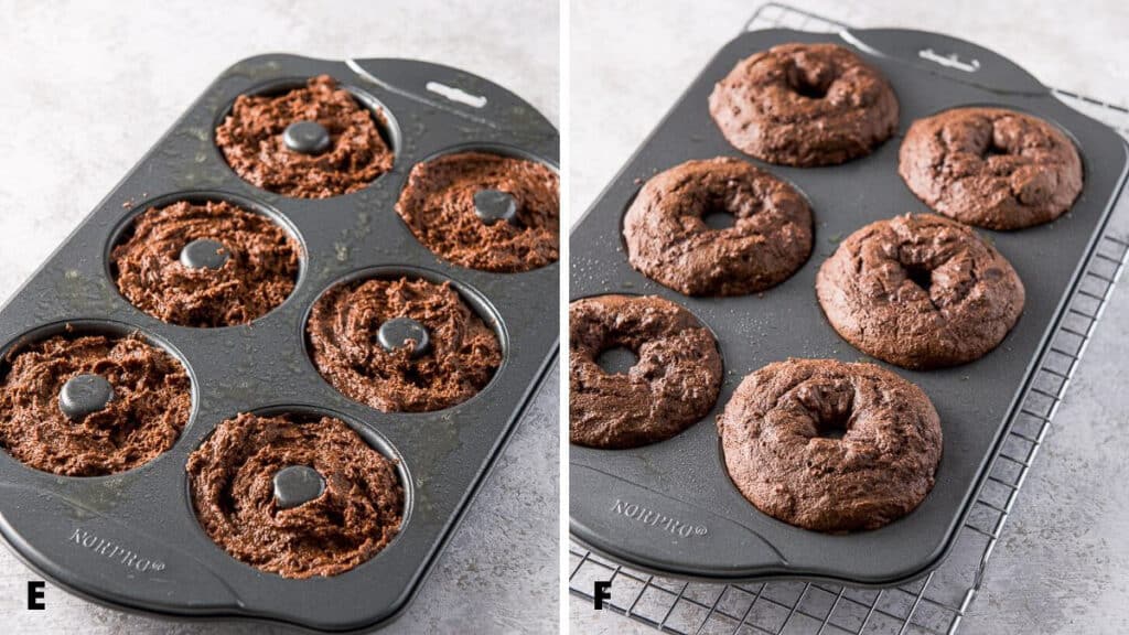 raw donut batter in the pan and the donuts done on a wire rack