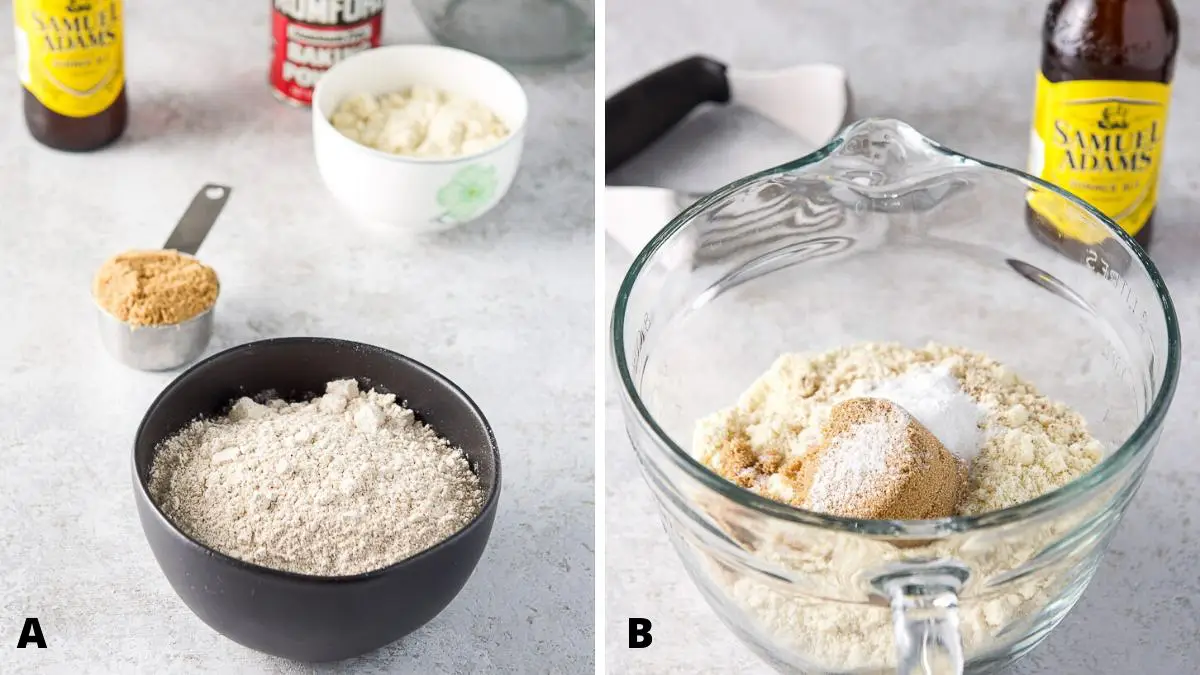Flour, almond flour, sugars, beer and baking powder in a bowl