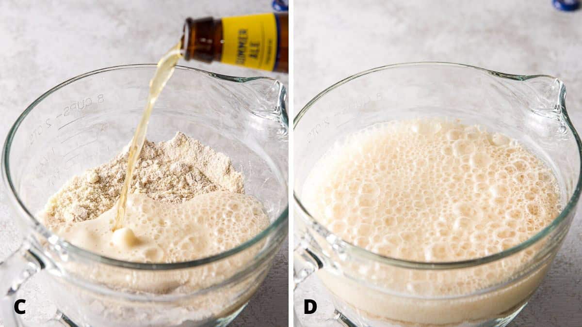 beer being poured into the bowl with the ingredients for the beer bread