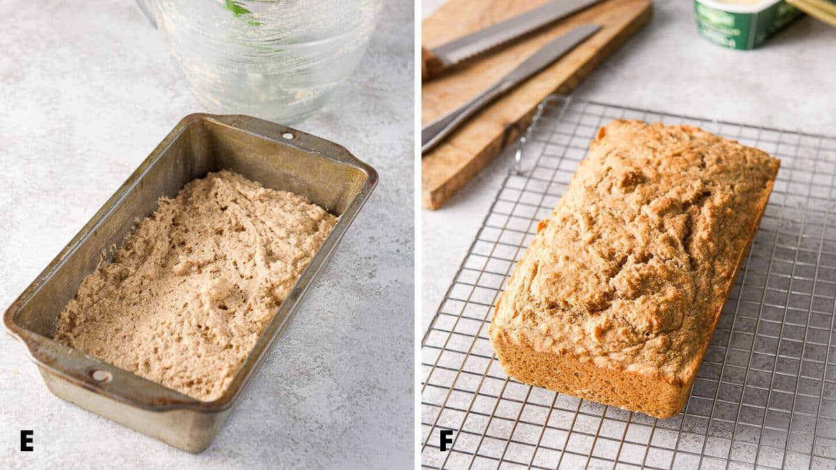 Beer bread batter in the bread pan and on the wire rack