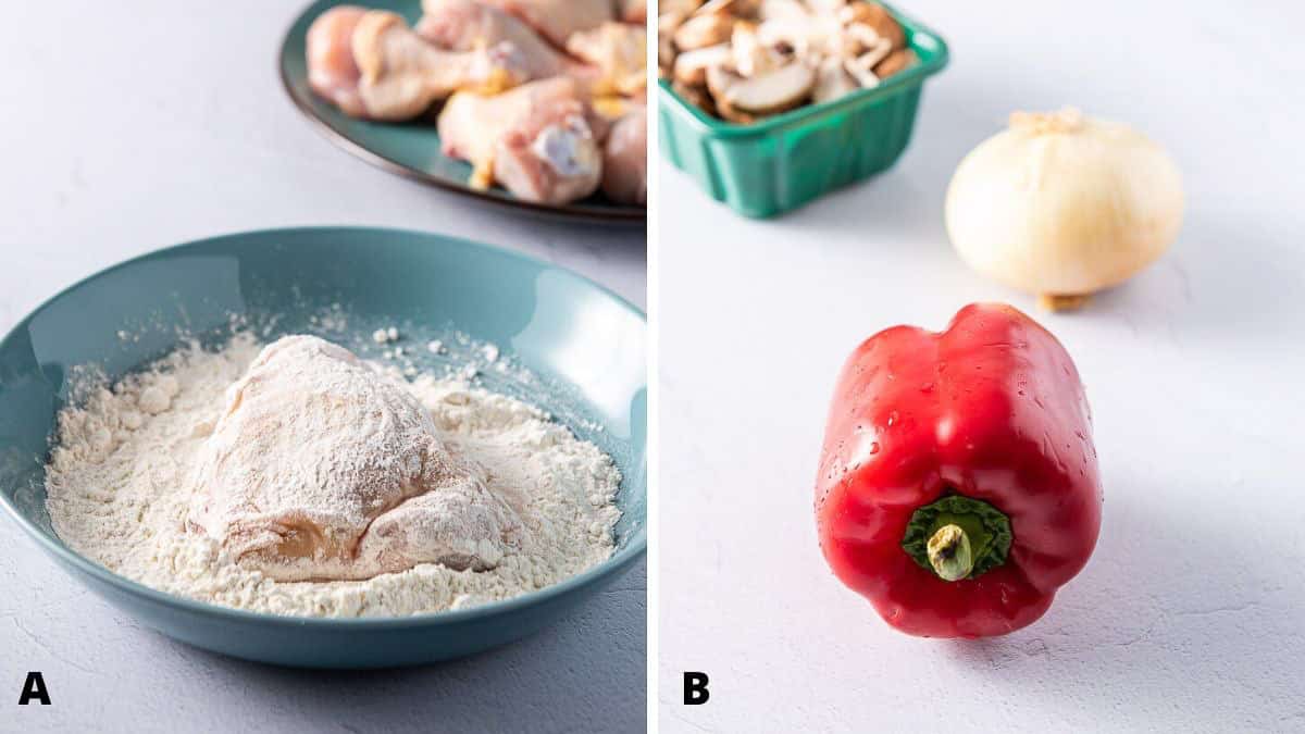 chicken covered in flour and the vegetables for the recipe