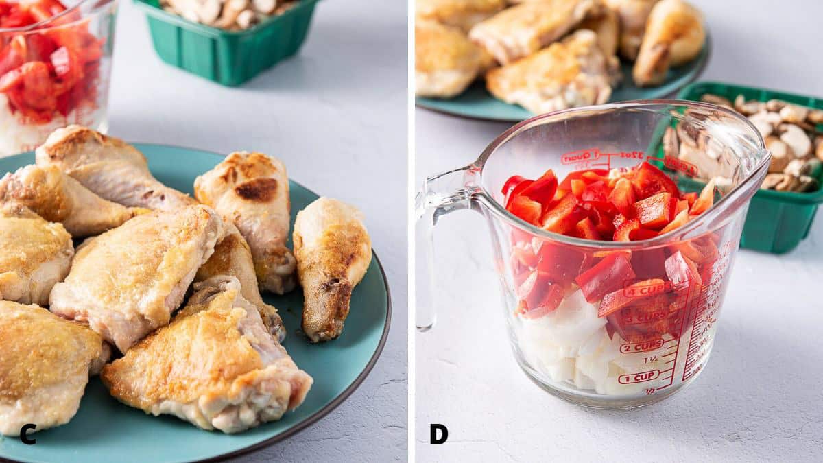 Browned chicken and chopped vegetables