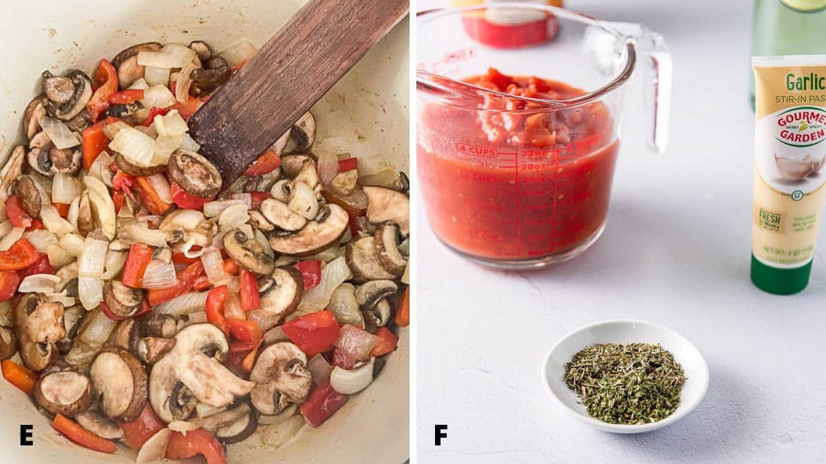 red pepper, onion and mushrooms sauteed in a pan and herbs, diced tomato ready to be added