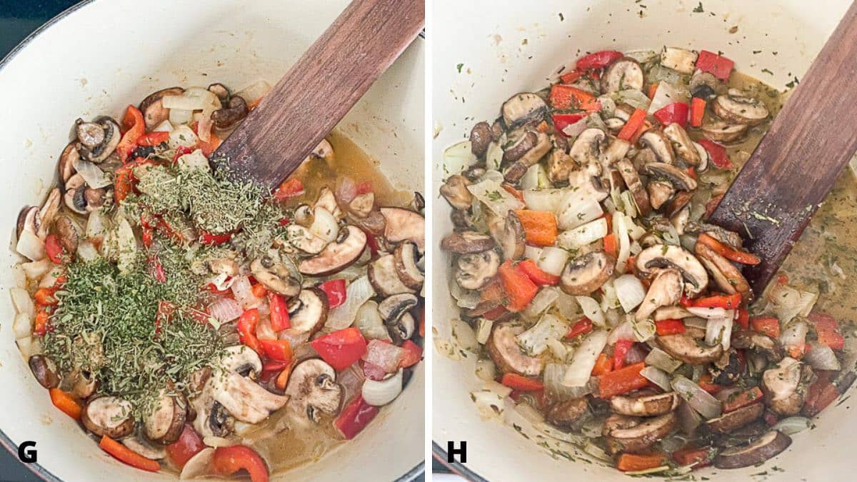 Herbs in the vegetable mixture along with broth and wine