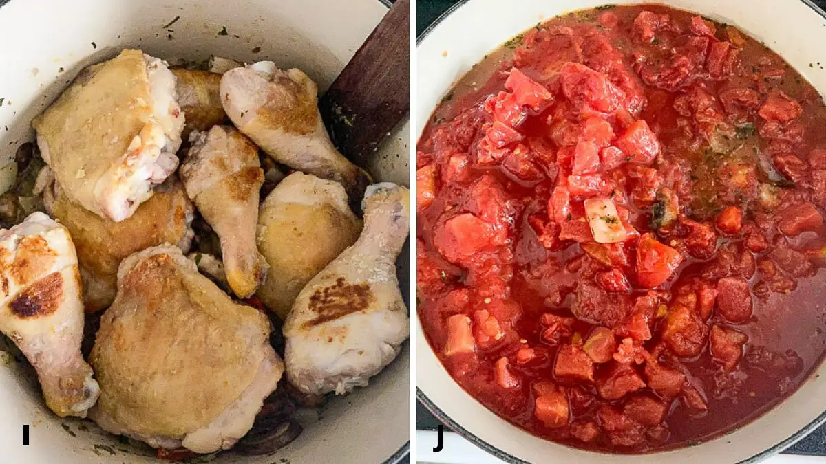 Chicken in the pan and the addition of diced tomatoes