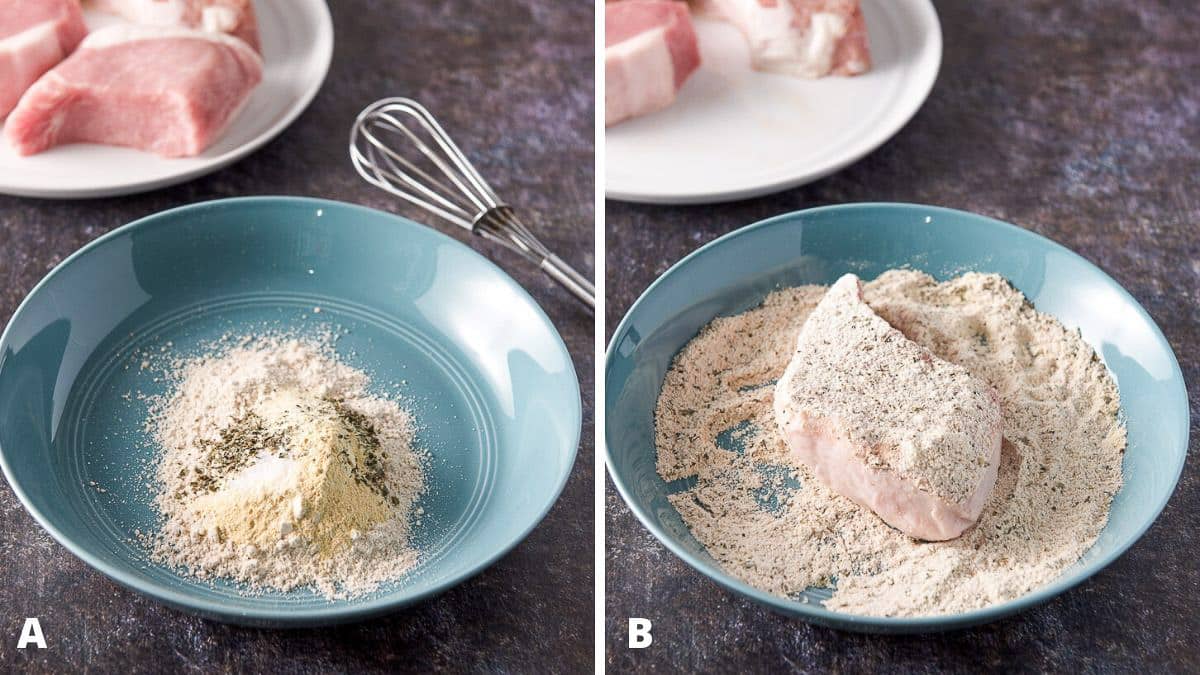 One of the raw pork chops in the flour, garlic powder, onion powder, herbs and salt ready to be coated