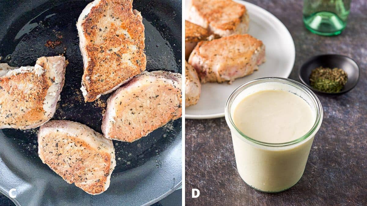 Lightly browned breaded pork chops in a pan and sour cream sauce, wine and herbs and spices