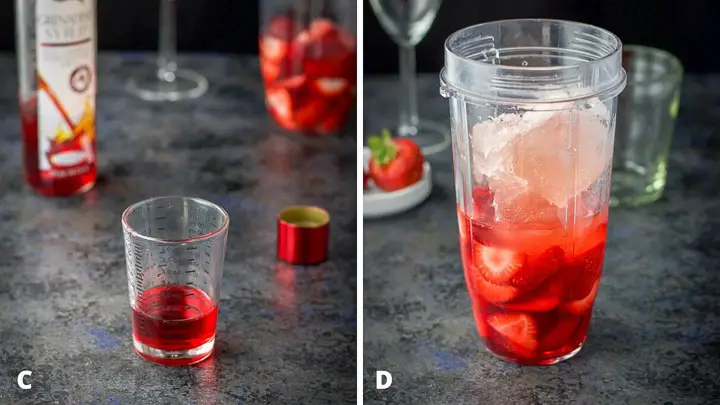 Grenadine poured out and the frose cubes and all the ingredients in the blender container