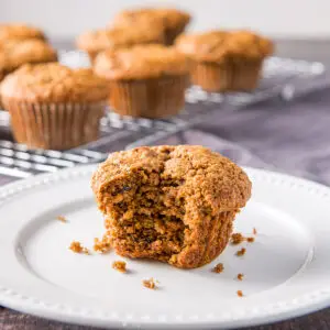 A bite out of one of the oat bran muffins - square