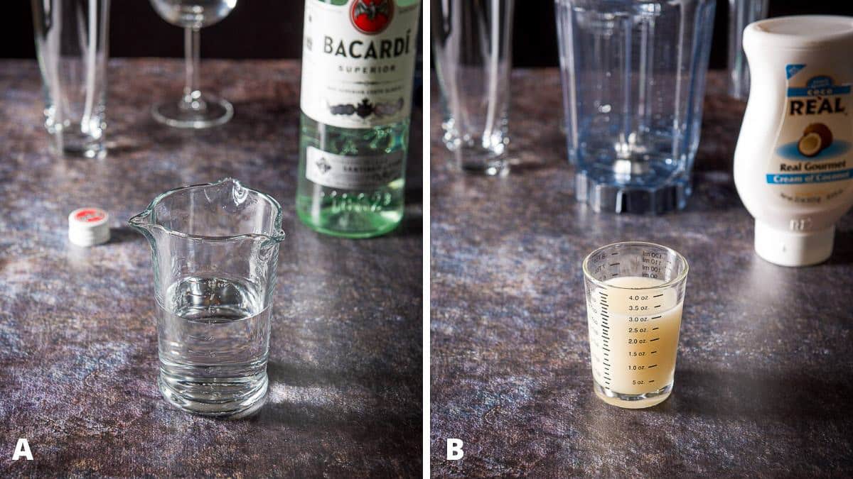rum and creme de coconut poured for the pina colada