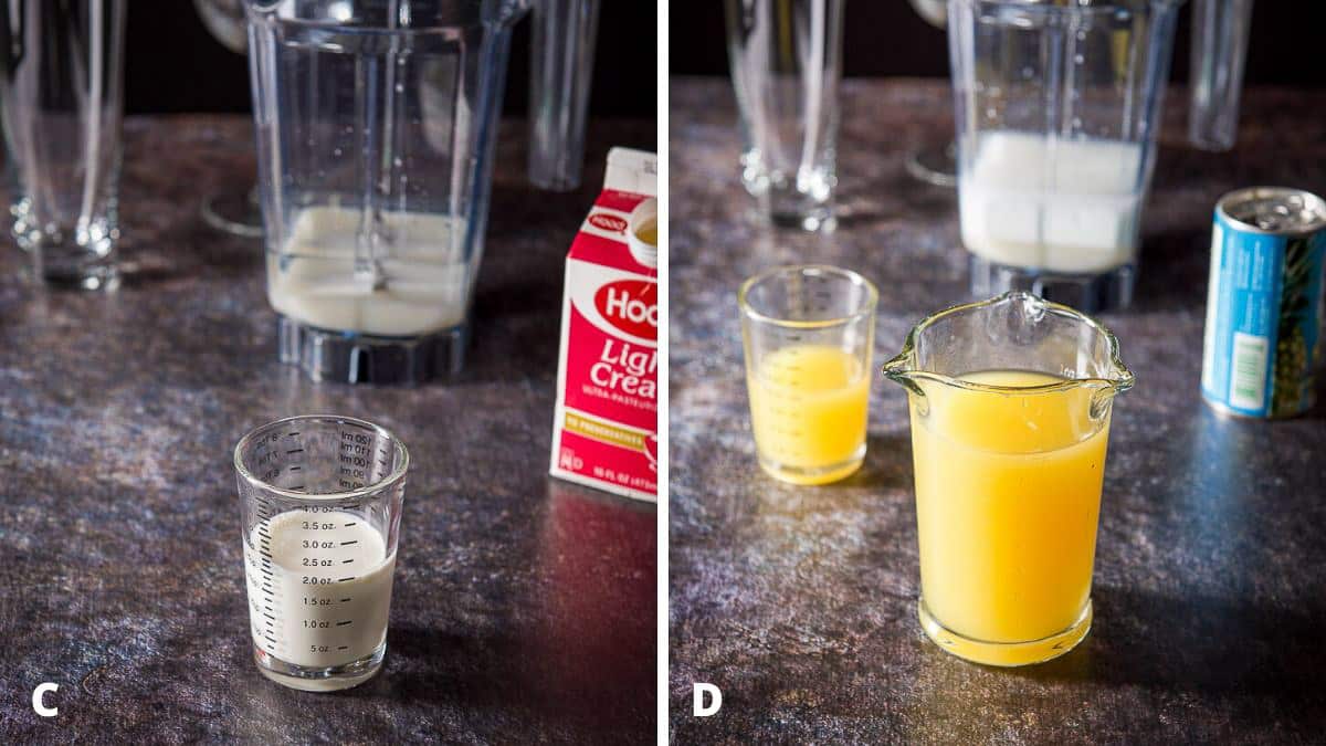 Cream and pineapple juice poured for the pina colada