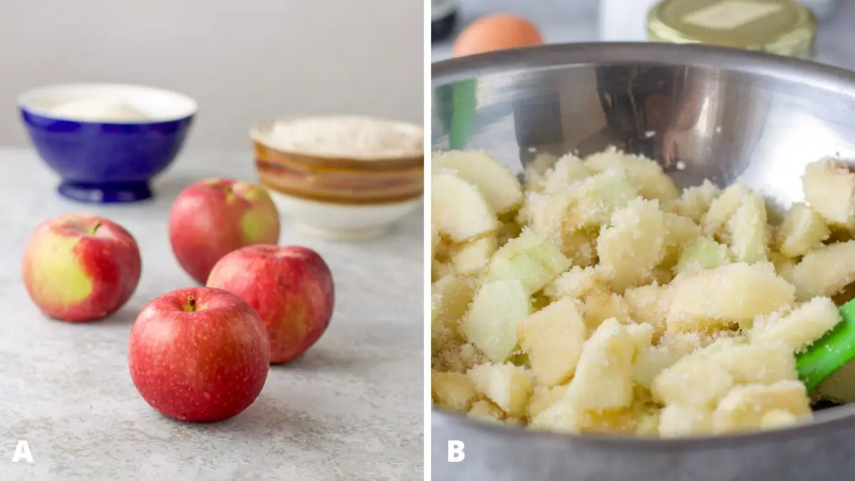 Apples, sugar and flour on a table. Metal bowl filled with sliced apples and sugar and then mixed with a spatula