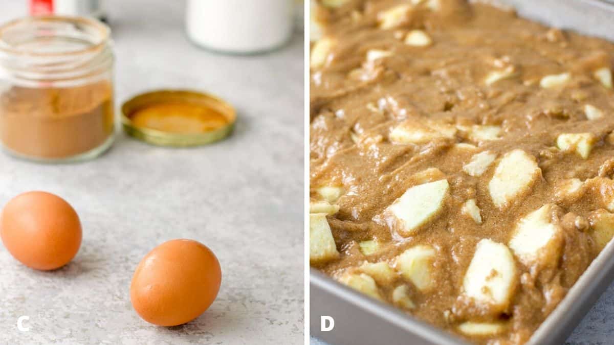 Eggs, cinnamon, vanilla and baking soda on one side and the batter mixed and poured into a square pan on the other