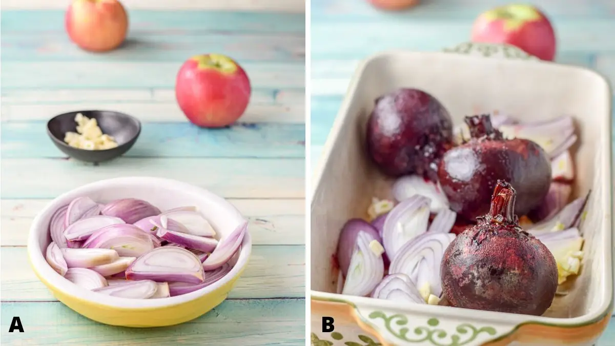 Photo on left has a shallow yellow bowl with sliced shallots, a black bowl with chopped garlic and 2 apples. The right photo is a baking dish with half cooked beets with the garlic and shallots added