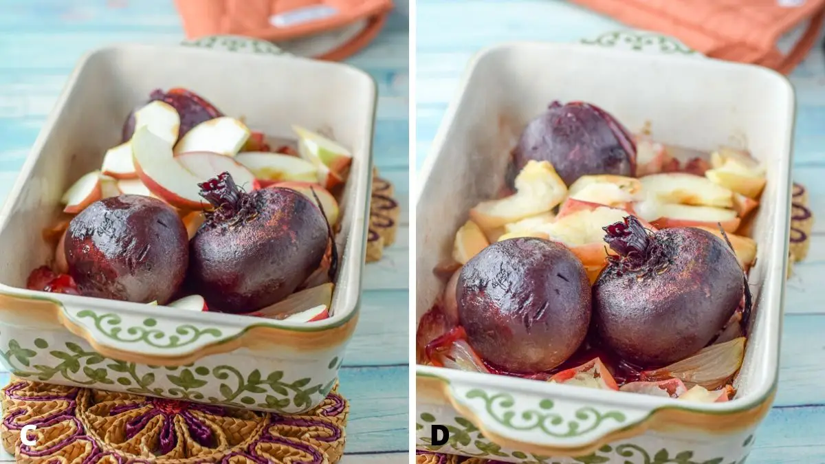 Left photo is baking dish with apples added to the baking dish with the beets and left photo is the whole thing cooked