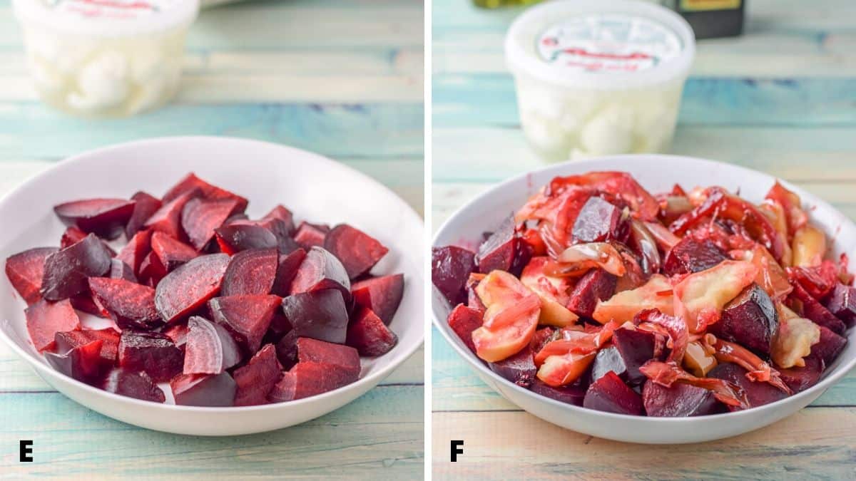 Chopped beets added to a shallow white bowl and then cooked apples and shallots added. There is mozzarella in the background