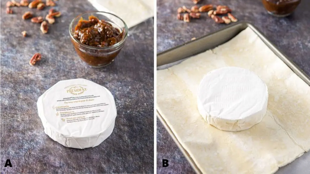 Brie, prune spread, pecans and puff pastry on a jelly roll pan