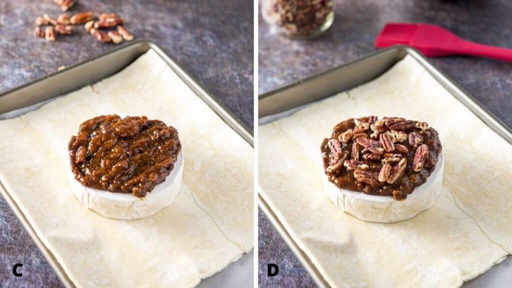 Prune spread smeared on the cheese and pecans laid on top