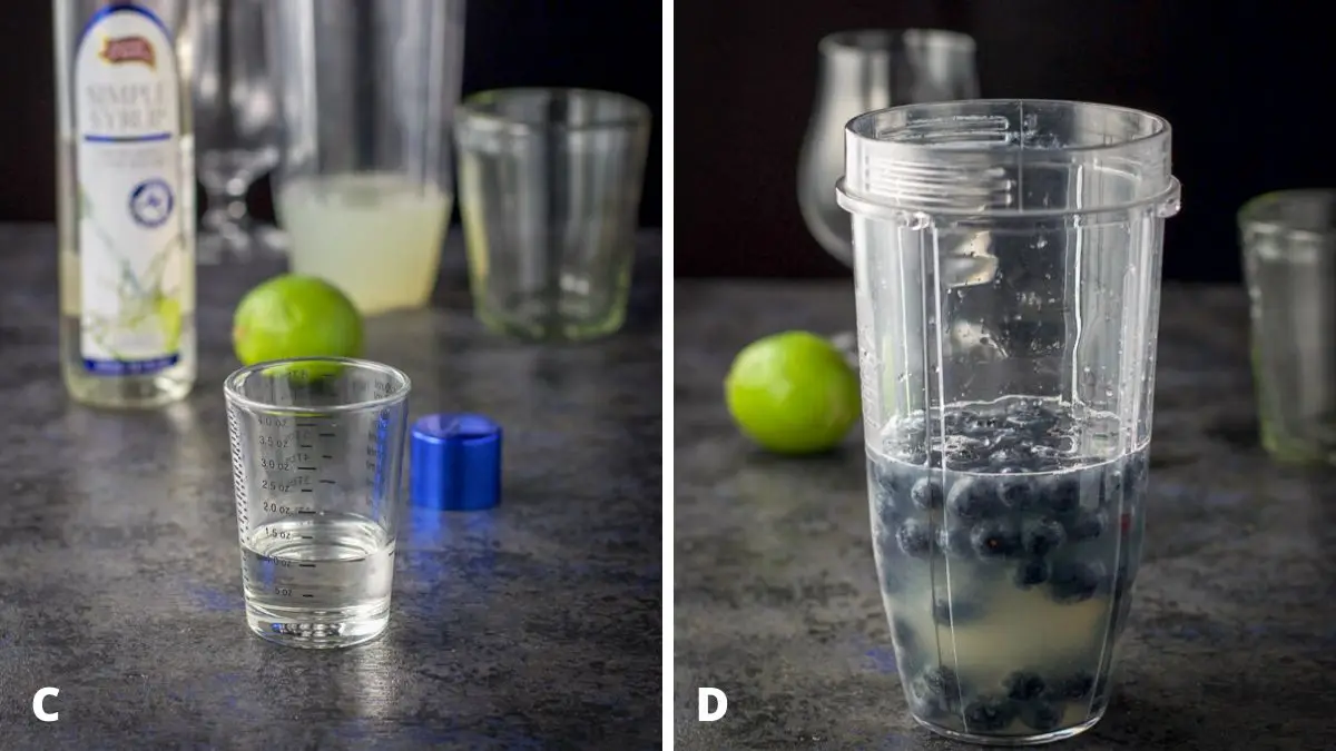Simple syrup poured out and all the ingredients including the blueberries in the blender container