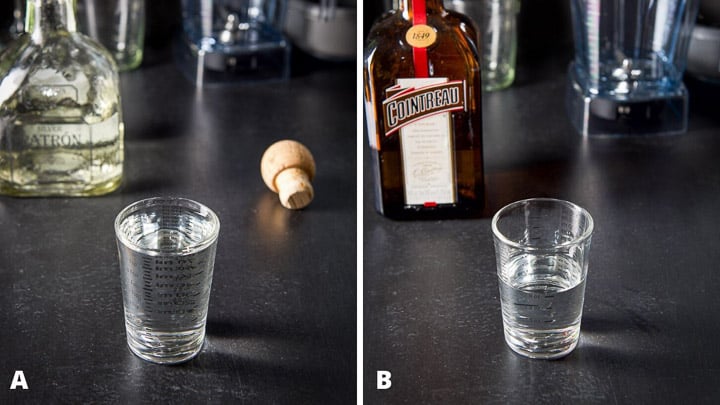 Patron silver and Cointreau poured out with the bottles in the background