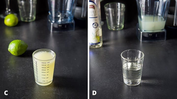 Lime squeezed out and simple syrup poured out with the limes and the bottle in the background