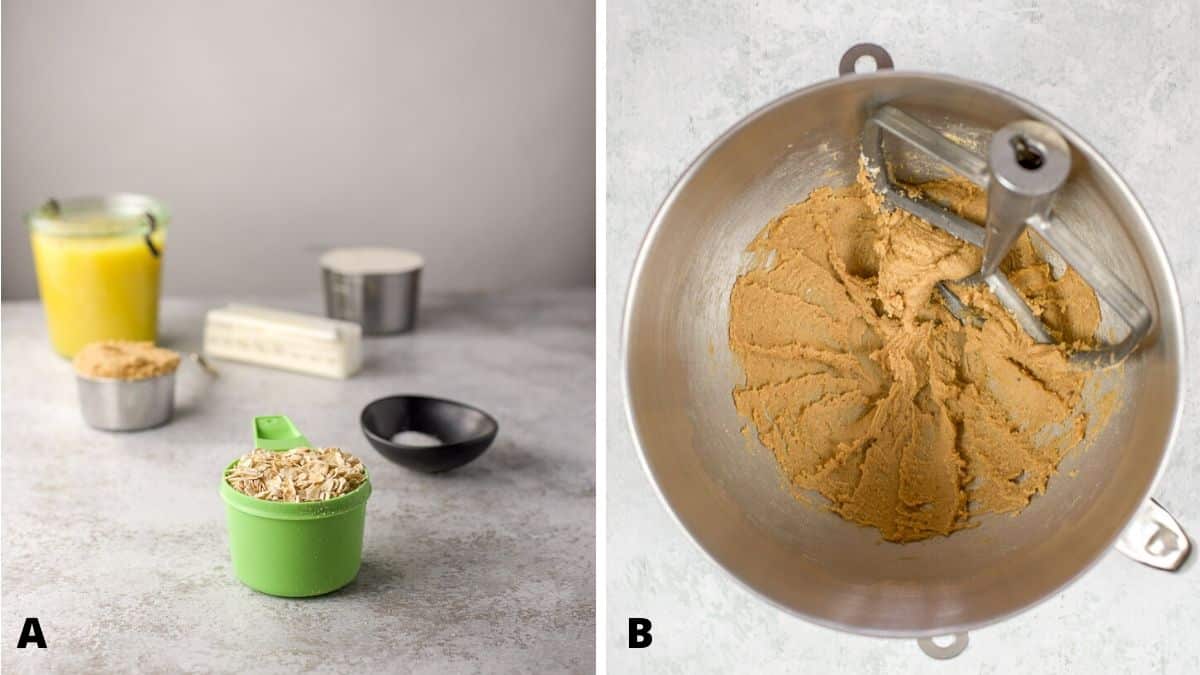 On left - oatmeal, sugars, butter, lemon curd and baking soda. On right - butter and sugars mixed in a mixer