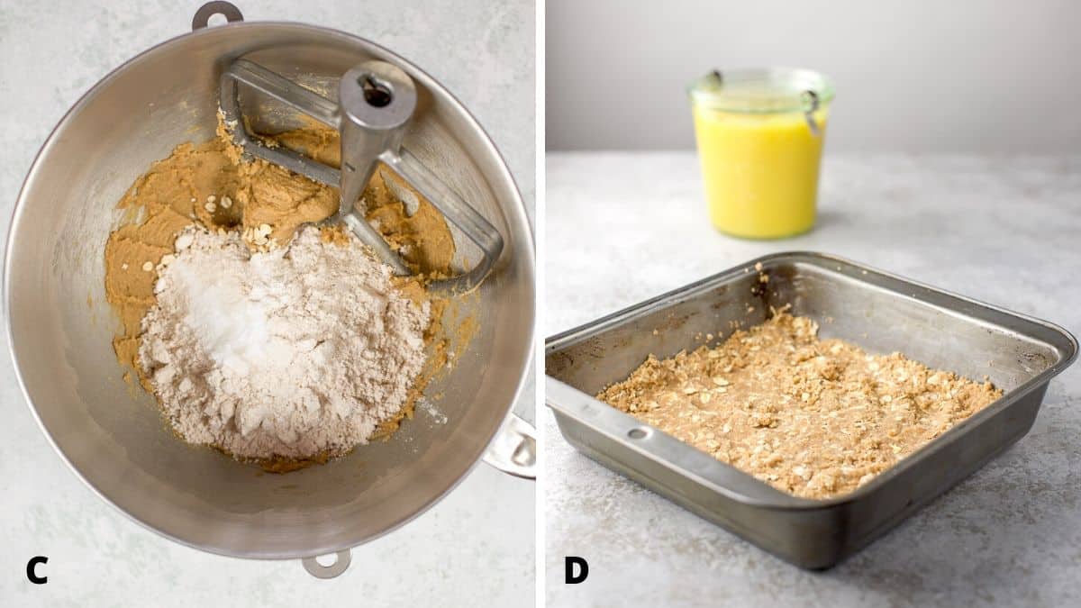 On left - flour, oats and baking soda added to the butter/sugar mixture. On right square pan with the crust layer pressed down