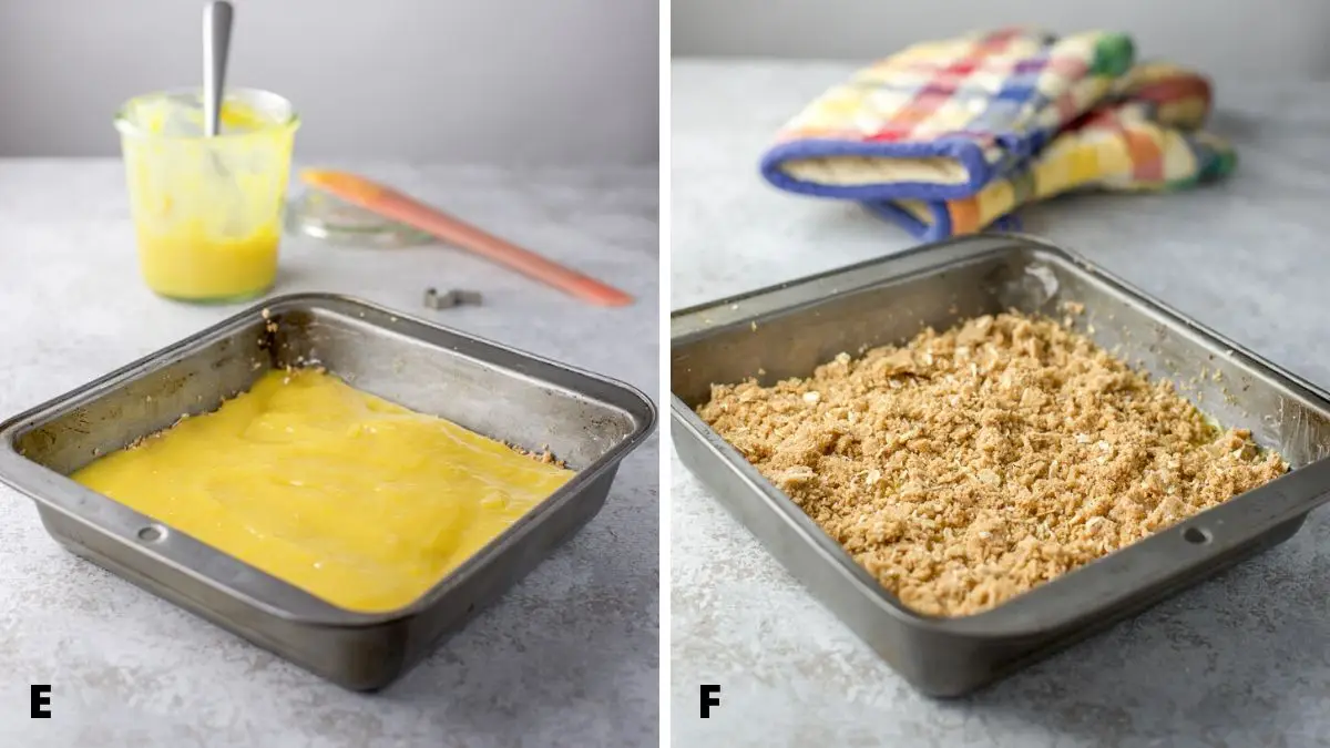 On left - lemon curd dolloped on the crust layer. On right, more batter poured on the curd layer