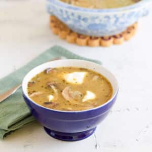 Mushroom soup in a blue bowl with sour cream in it. There is a lighter blue bowl filled with the soup in the background