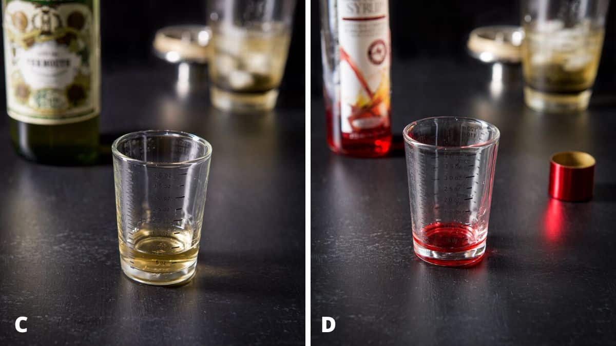 Dry vermouth and grenadine measured out