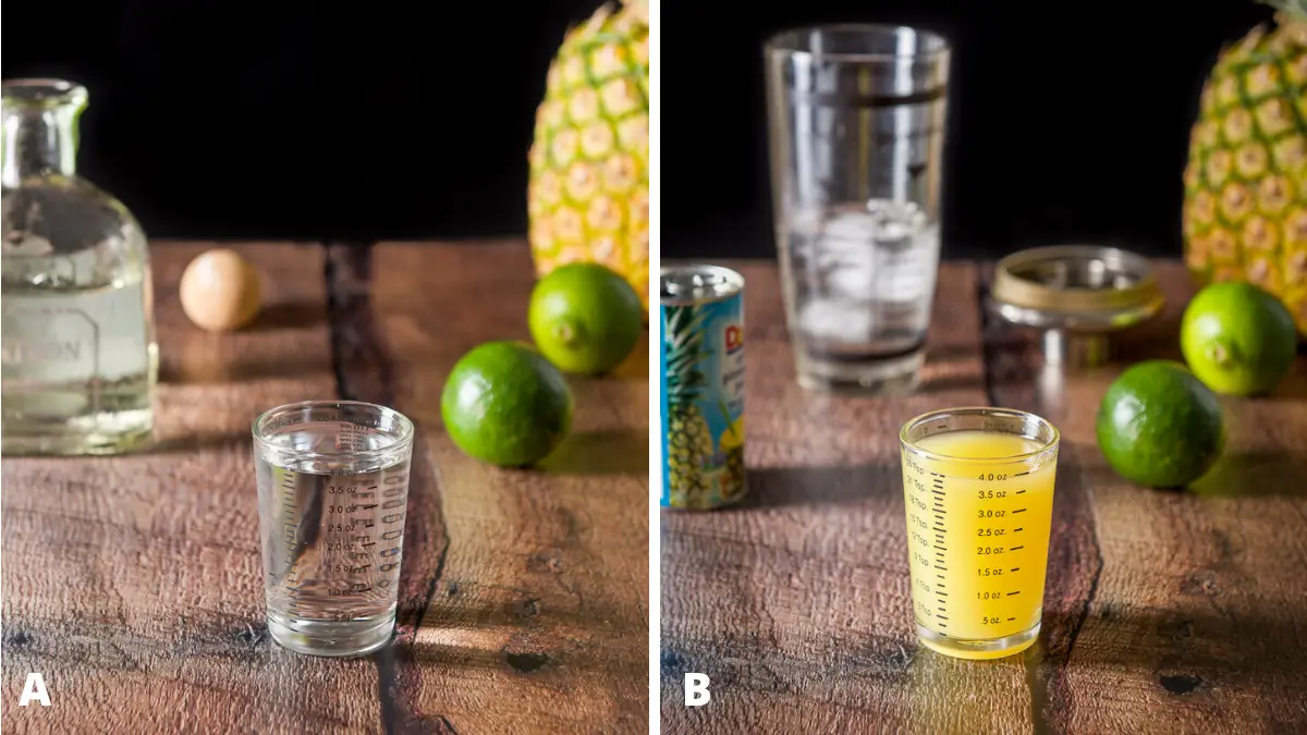 Tequila and pineapple measured for the cocktail with the bottles and limes in the background