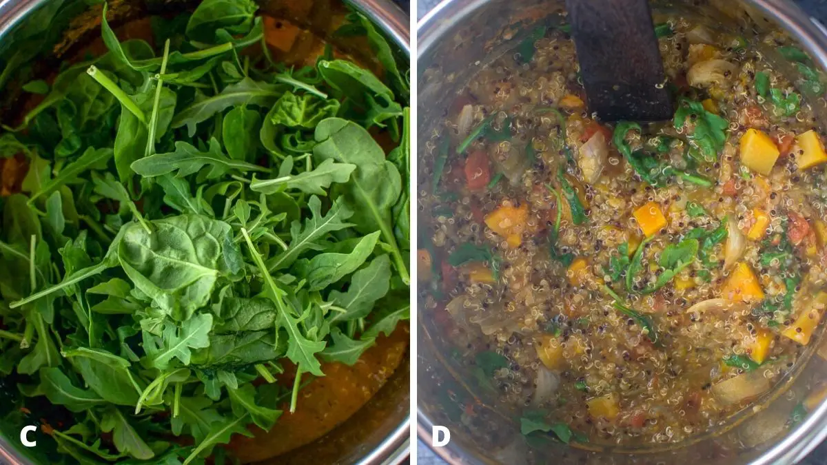 Spinach and arugula added to the stew on the left and it stirred in the stew on the right