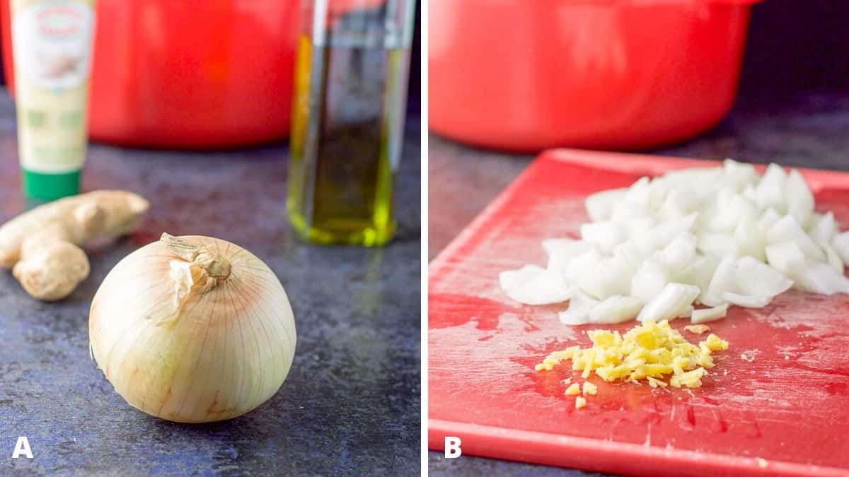 On the left - onion, ginger root, garlic paste and olive oil with a red Dutch oven in the background. Minced ginger and chopped onion on the right